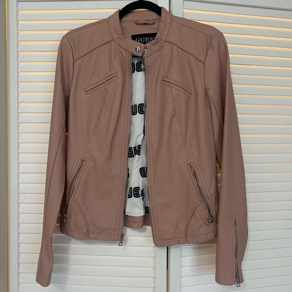 NEVER WORN- GUESS Pink Faux Leather Moto Jacket